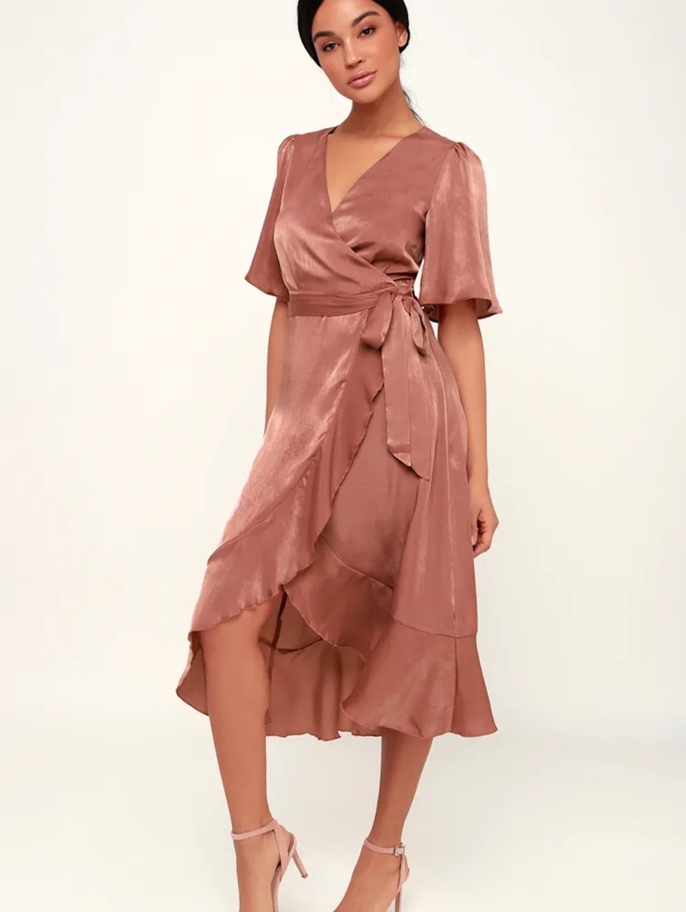 IVY CITY NWOT Wrapped Up In Love Mauve Satin Faux-Wrap Midi Dress SIZE 1X - Picture 4 of 5